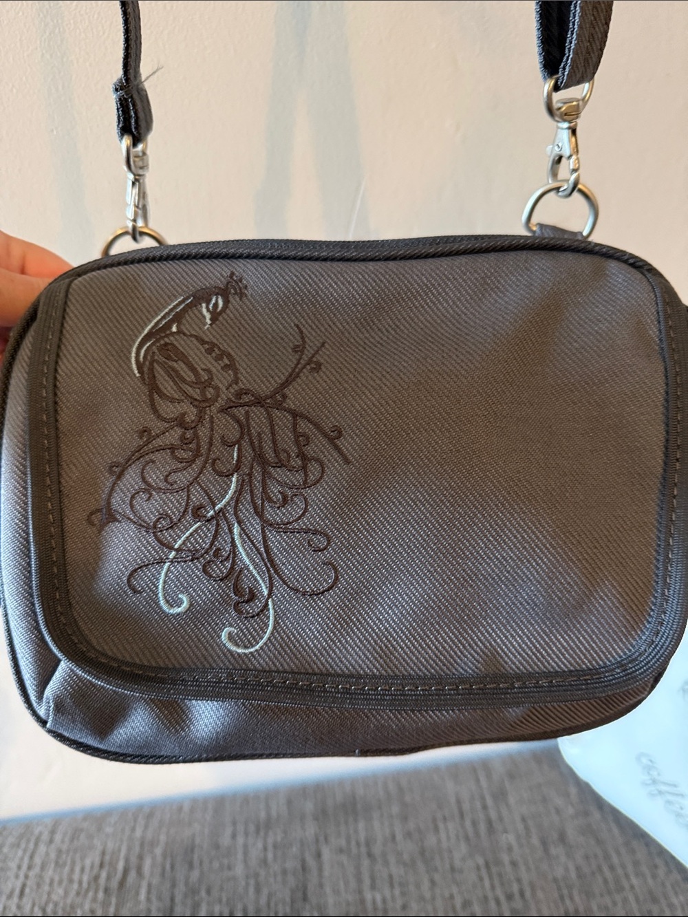REI Compact Dark Grey Womens Crossbody Bag with Peacock Embroidery